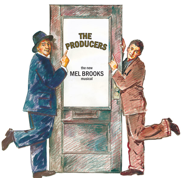 Illustration of two people pointing at a door that says The Producers