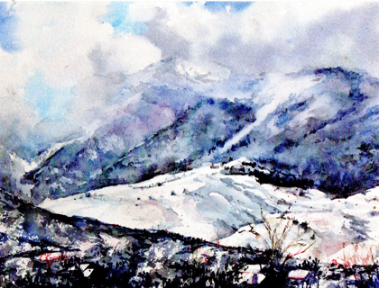 Painted watercolor image of a snowy winter scene