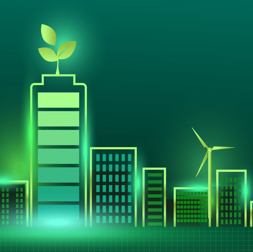 Illustration of a green, clean-energy city